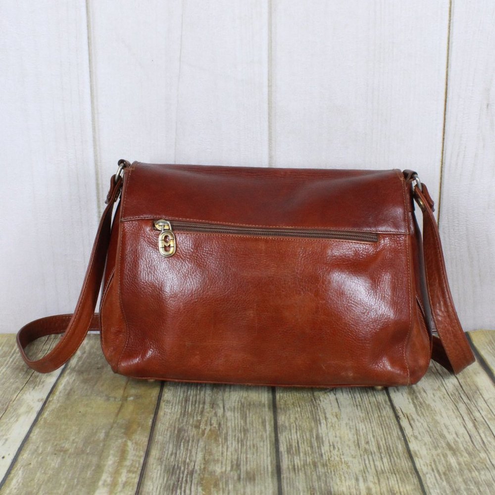 Marino Orlandi Brown Leather Flap Studded Plaid Lined Crossbody Purse Handbag - Picture 4 of 12